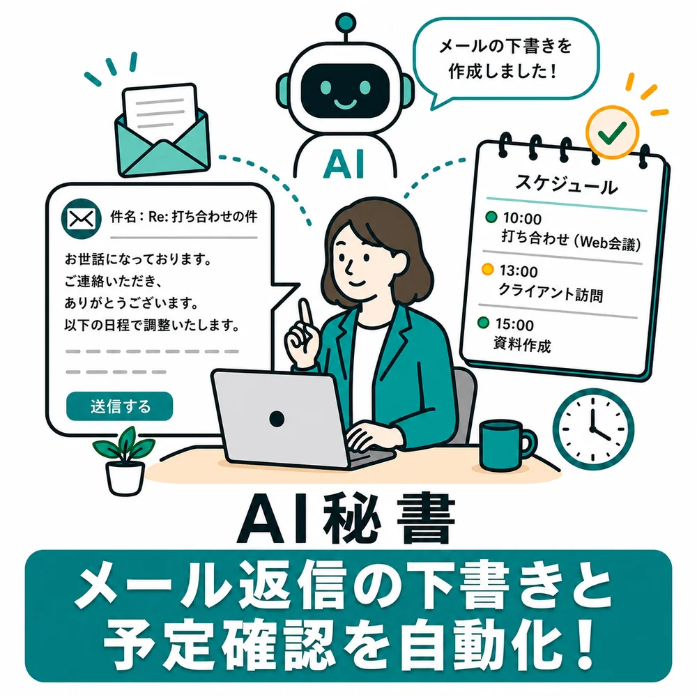 AI秘書：メールの返信文づくりや予定確認を自動化することを説明した図解