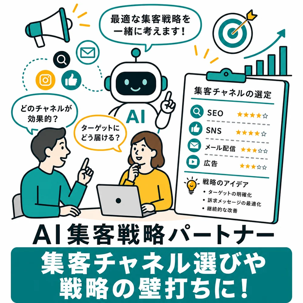 AI集客戦略パートナー：どこでお客様を増やせるか一緒に考えることを説明した図解