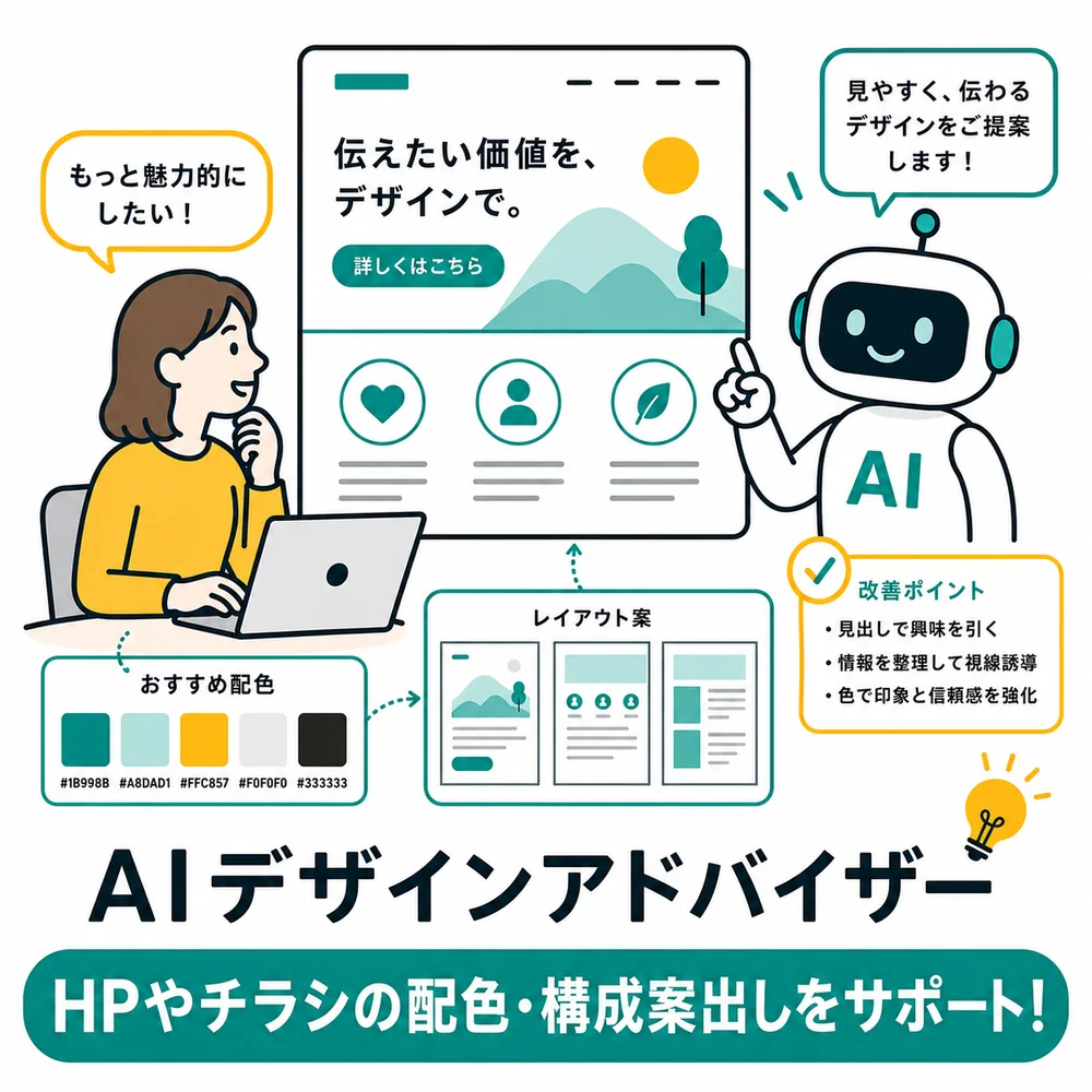 AIデザインアドバイザー：ホームページやチラシの見た目を一緒に考えることを説明した図解