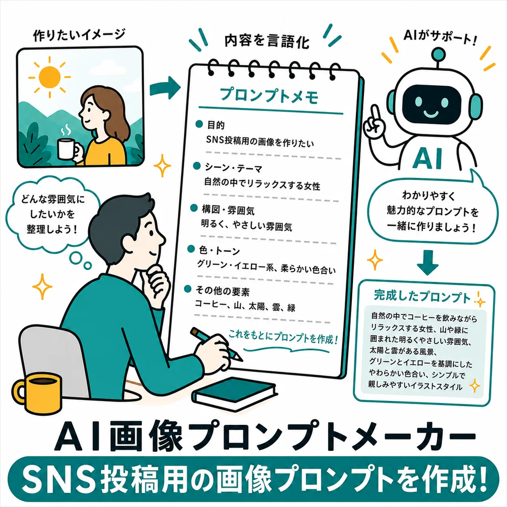 AI画像プロンプトメーカー：画像生成AI用の指示文づくりを支援することを説明した図解