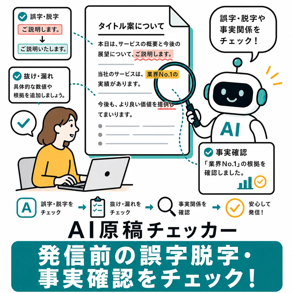 AI原稿チェッカー：発信前の誤字脱字や事実確認を行うことを説明した図解