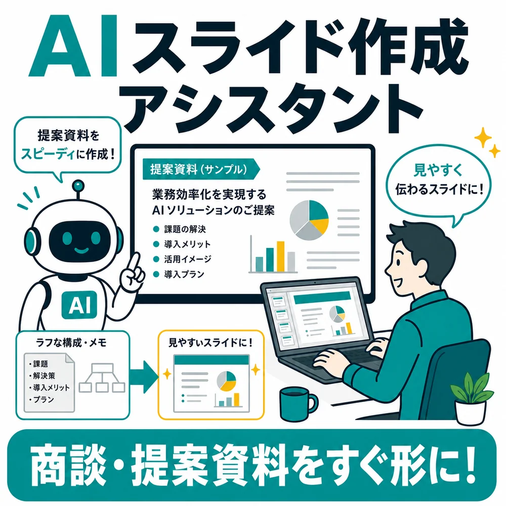 AIスライド作成アシスタント：商談・提案用スライドをすぐ形にすることを説明した図解
